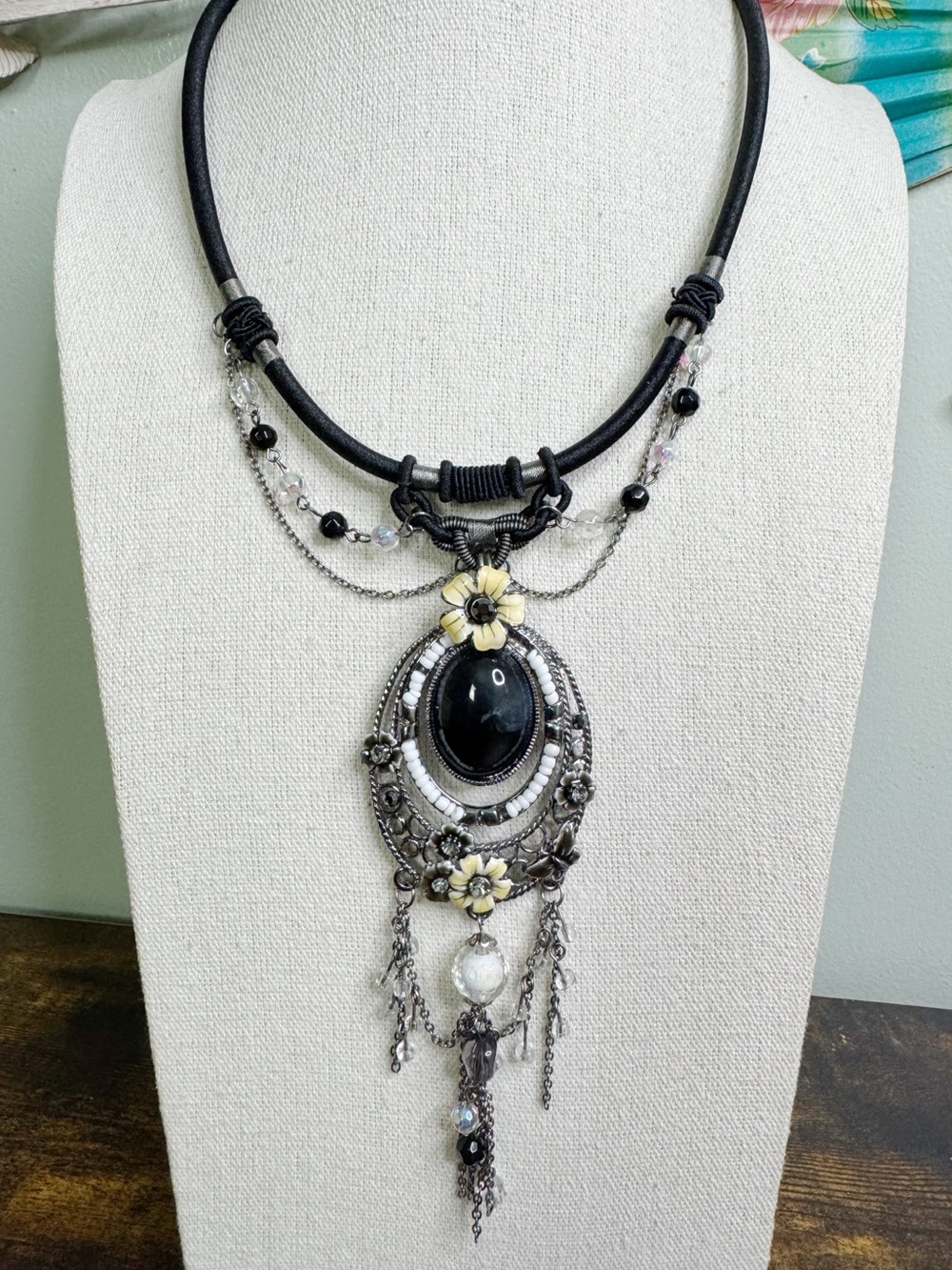 Gothic Romance Ornate Necklace Black Cabochon Yellow Flowers Beads Chains Cord